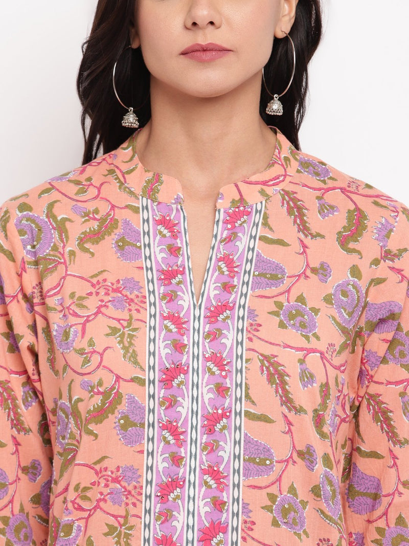 whl Peach Floral Printed Kurta-Palazzo Set