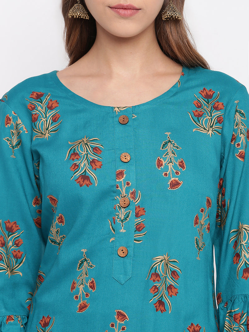 whl Blue Rayon Gold Print Kurti