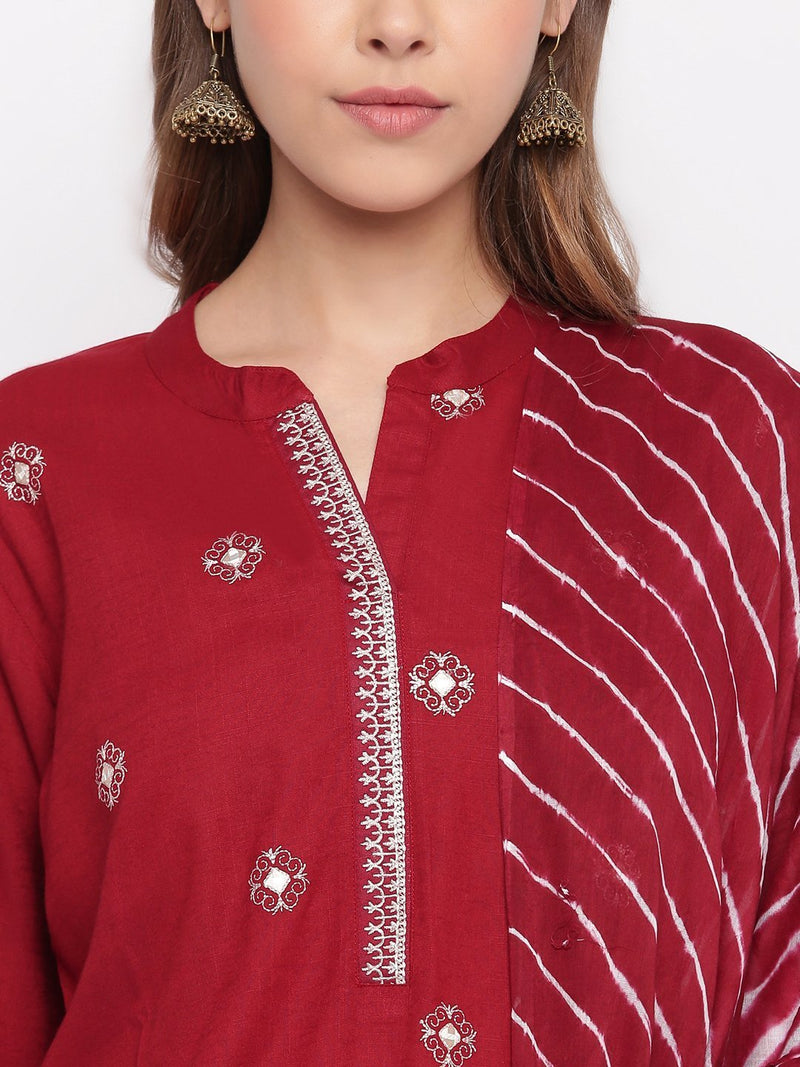 whl Maroon Rayon Embroidered Kurta With Palazzo And Dupatta
