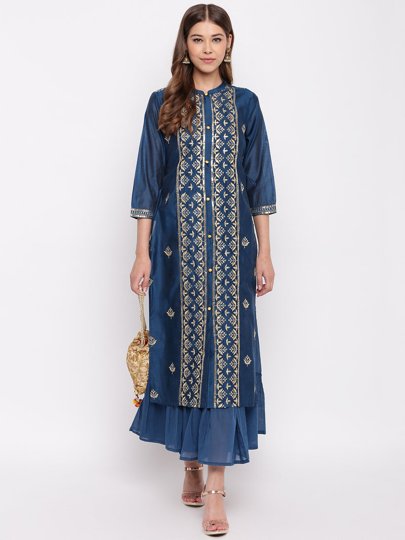 Blue chanderi zari embroidered kurta-inner set