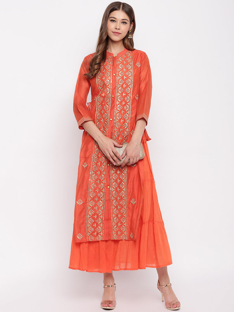 Orange chanderi zari embroidered kurta-inner set