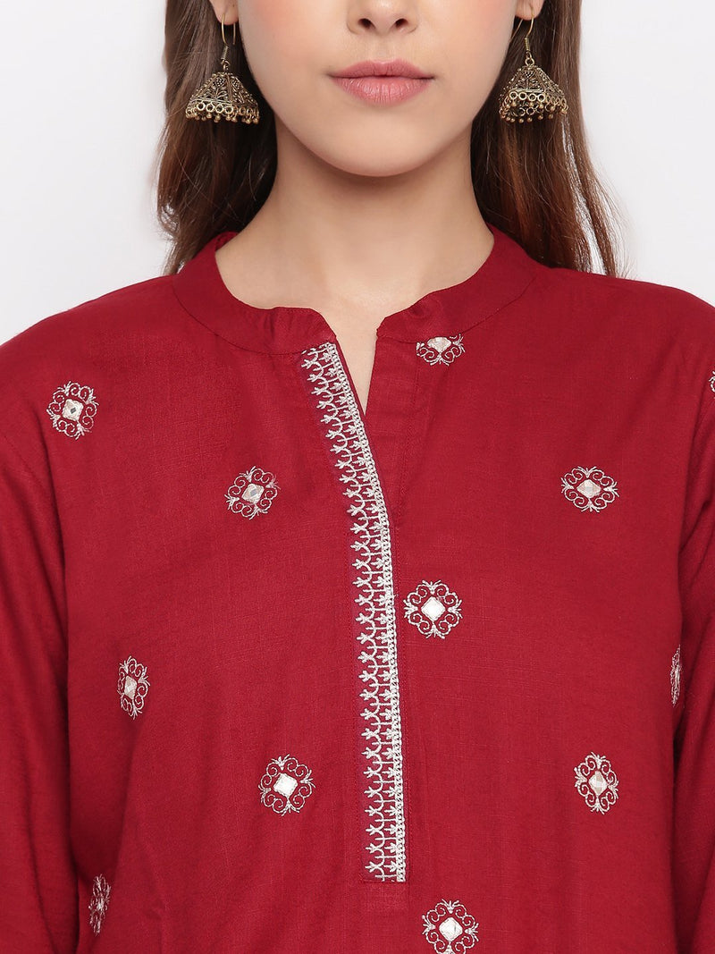 whl Maroon Rayon Embroidered Kurta With Palazzo And Dupatta