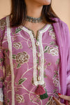 Purple Printed Cotton Lace Suit Set with Dupatta