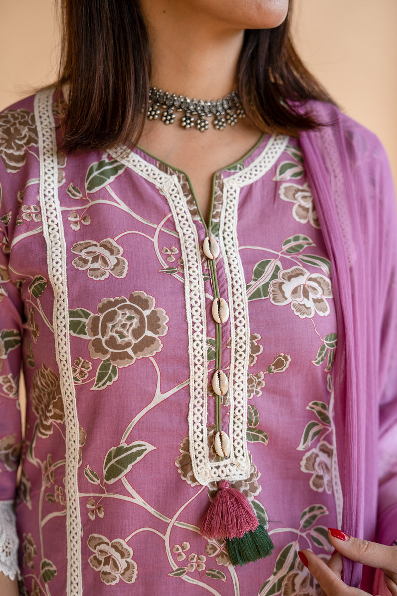 Purple Printed Cotton Lace Suit Set with Dupatta