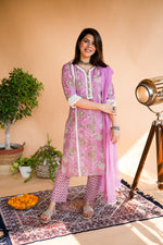 Purple Printed Cotton Lace Suit Set with Dupatta