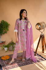 Purple Printed Cotton Lace Suit Set with Dupatta