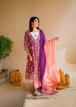 Women Purple & White Ethnic Printed Angrakha Cotton Kurta Set & Dupatta