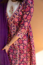 Women Purple & White Ethnic Printed Angrakha Cotton Kurta Set & Dupatta