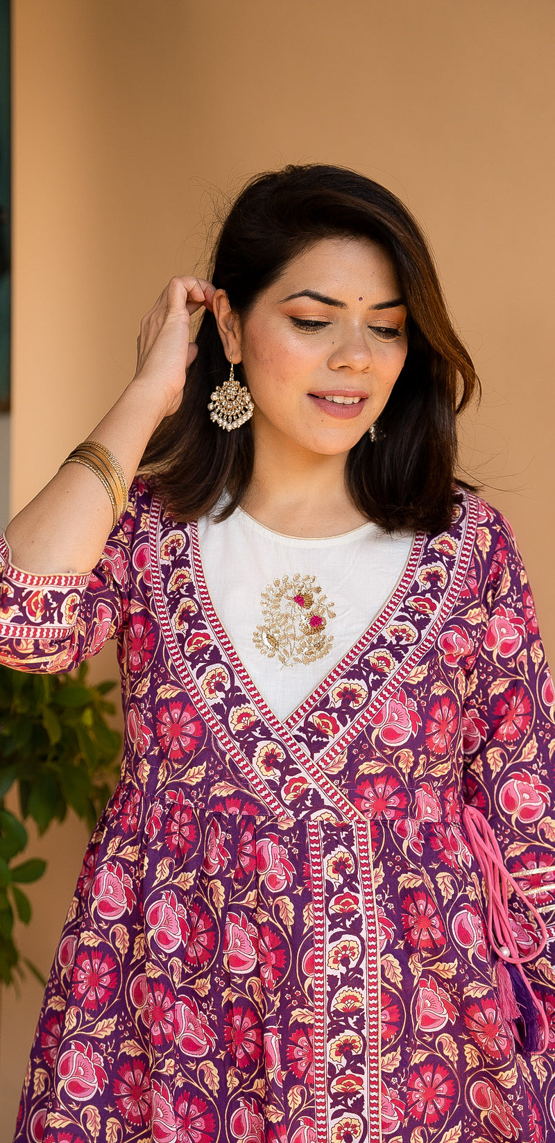 Women Purple & White Ethnic Printed Angrakha Cotton Kurta Set & Dupatta
