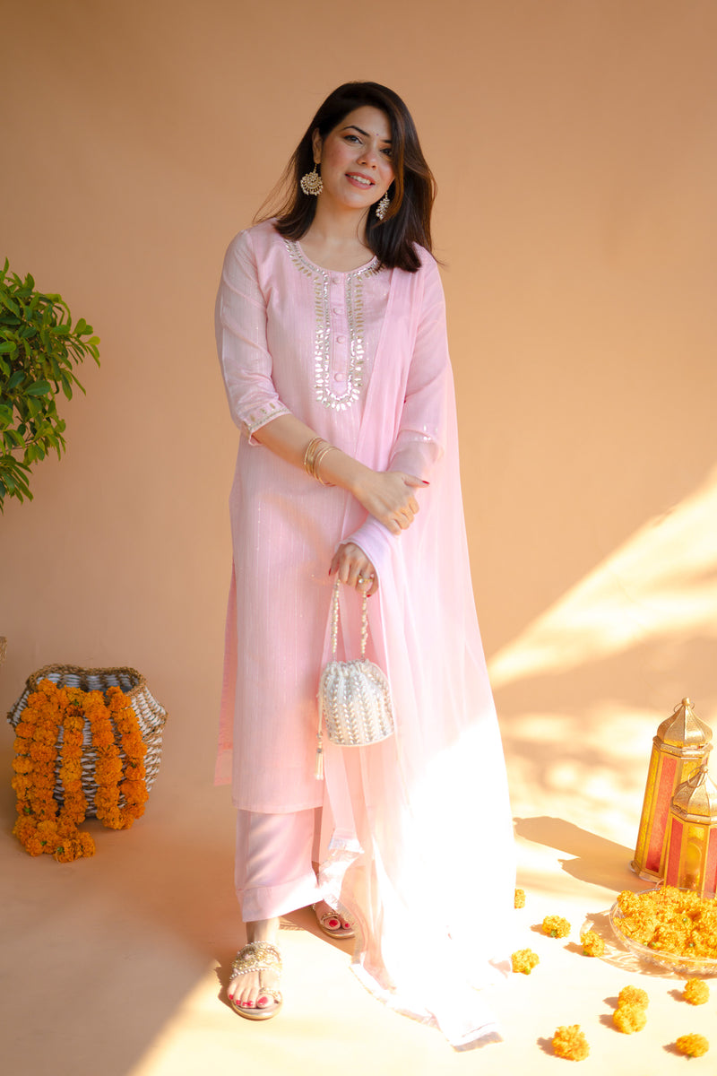 Pink Chanderi Suit Set with Dupatta