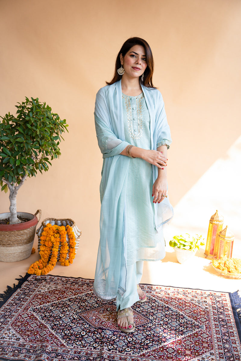 Green Chanderi Suit Set with Dupatta