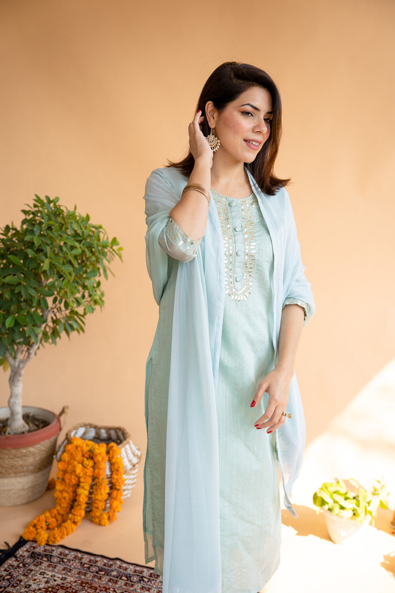 Green Chanderi Suit Set with Dupatta
