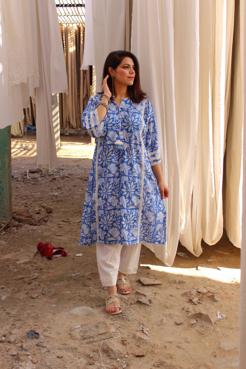 Indigo Handblock Printed Afghani Chogha and Salwar