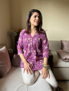 Purple Floral Print Gathered or Pleated Pure Cotton Regular Ethnic Top