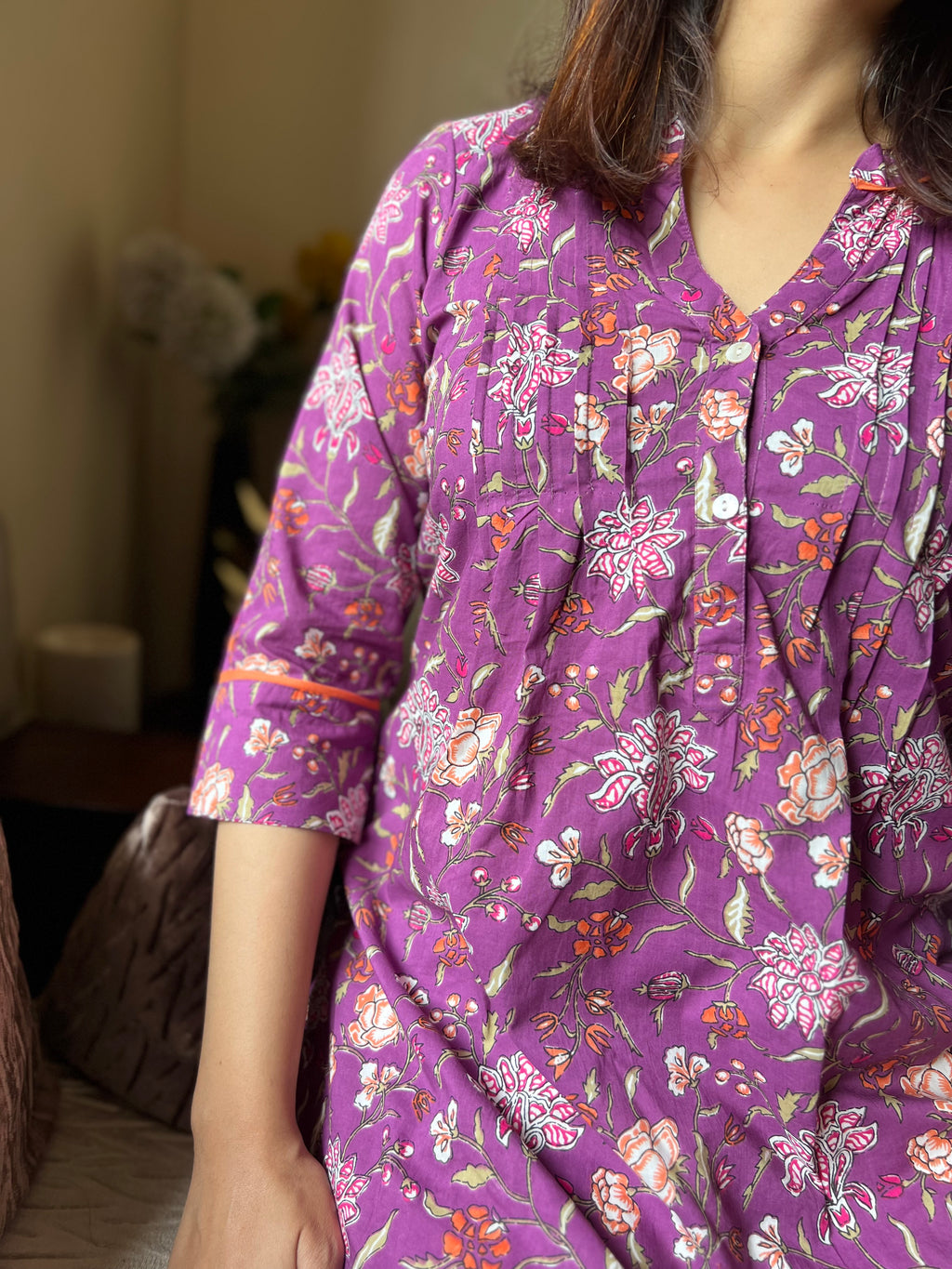 Purple Floral Print Gathered or Pleated Pure Cotton Regular Ethnic Top