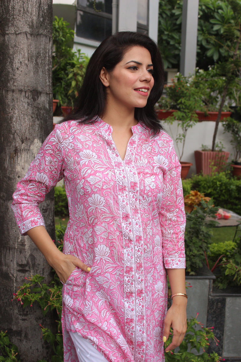Pink Mulmul handblock kurta