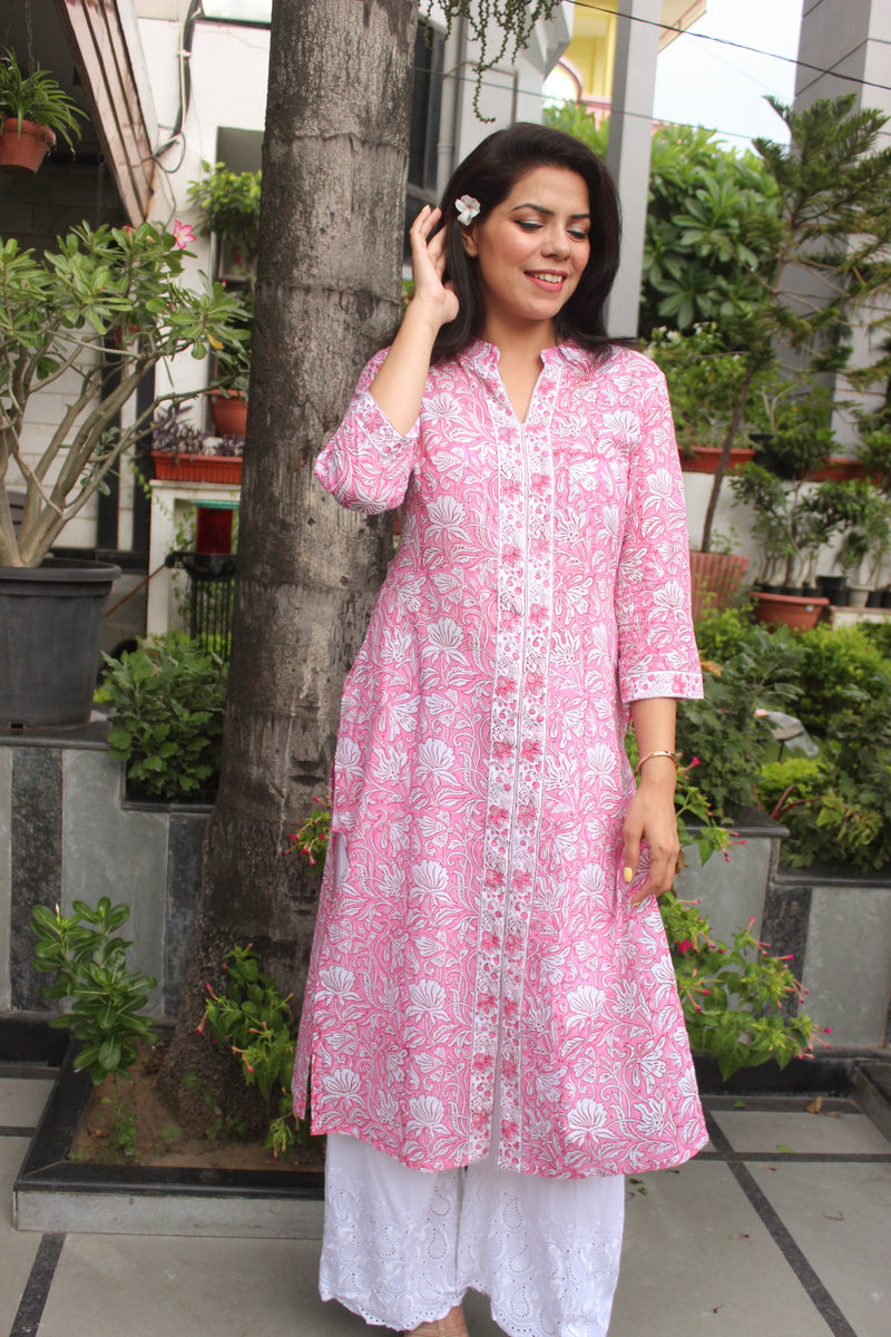 Pink Mulmul handblock kurta