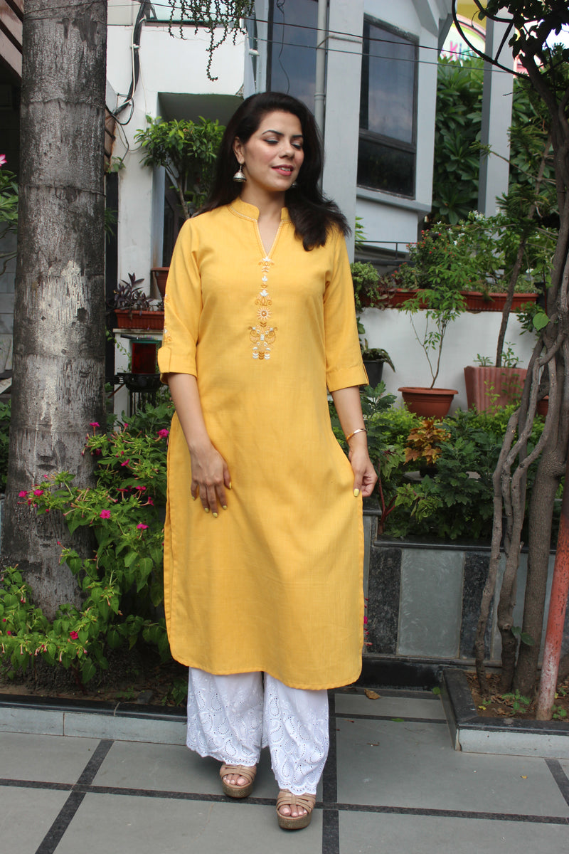 Yellow embrodiered long kurta