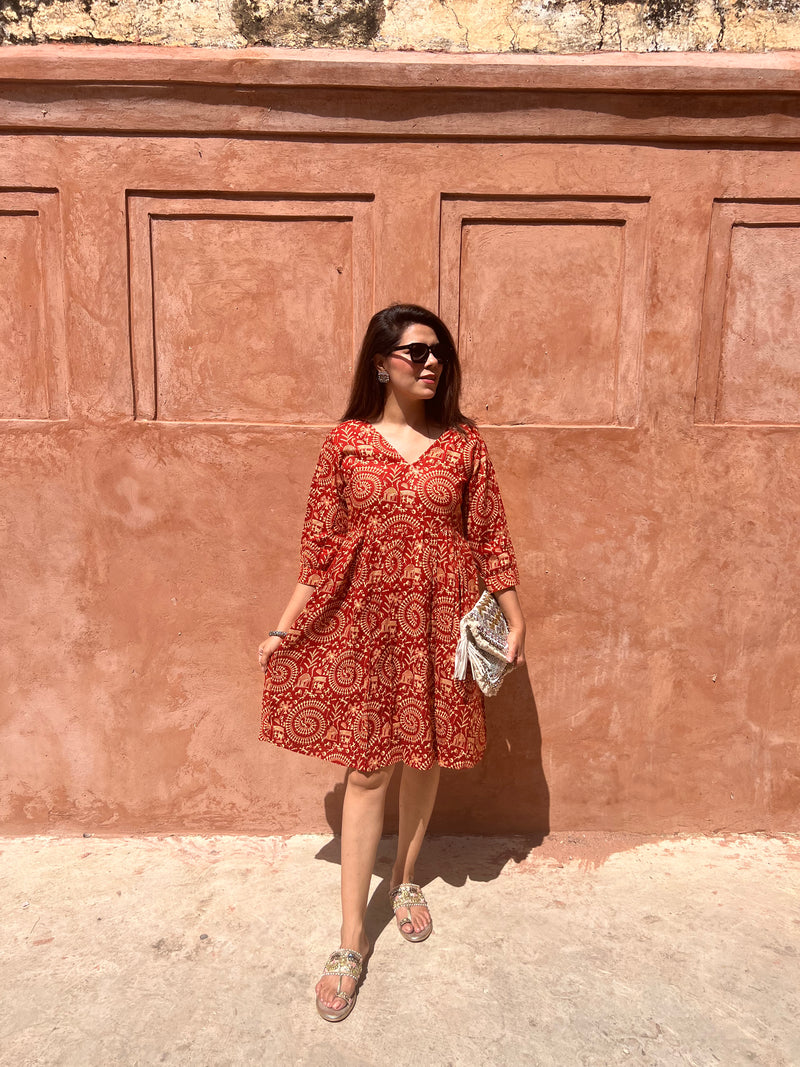 Tribal Print Puff Sleeves Ethnic Dress