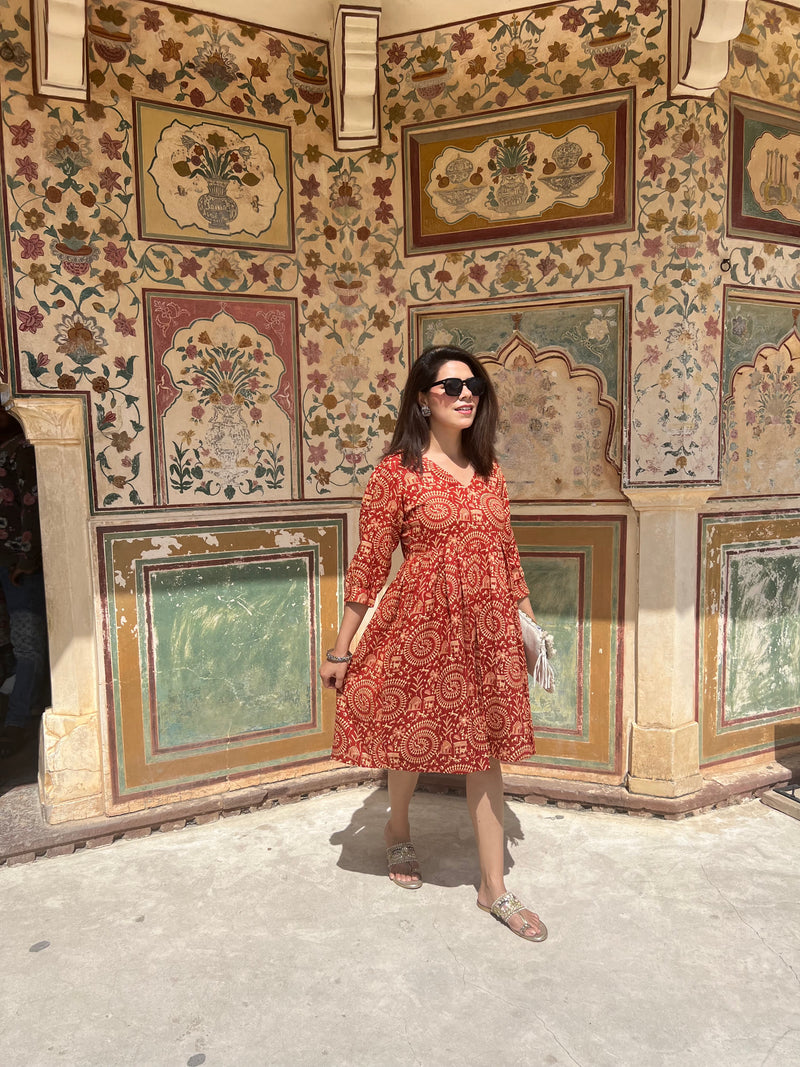 Tribal Print Puff Sleeves Ethnic Dress