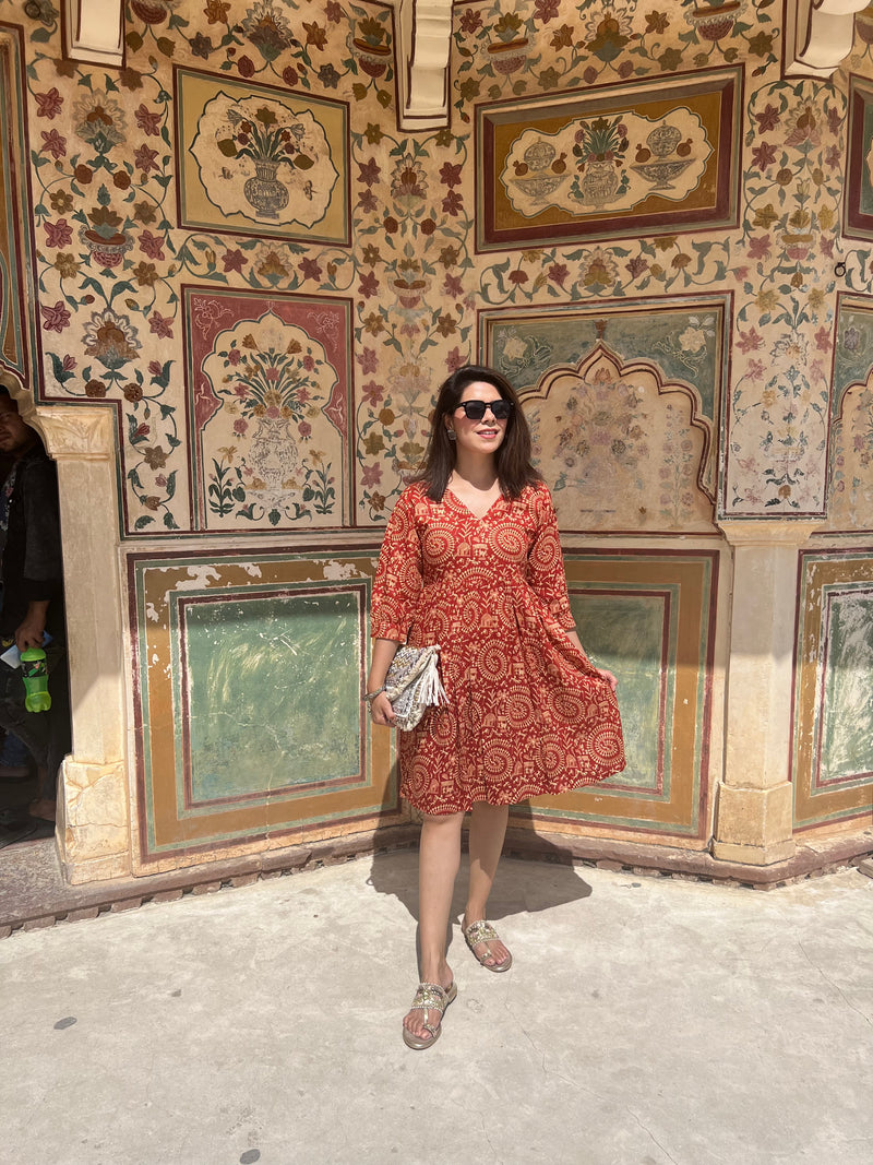 Tribal Print Puff Sleeves Ethnic Dress