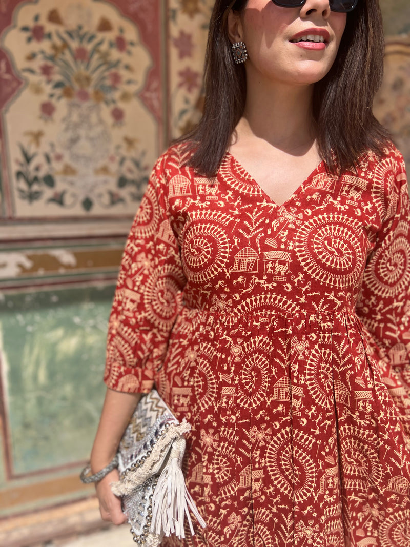 Tribal Print Puff Sleeves Ethnic Dress