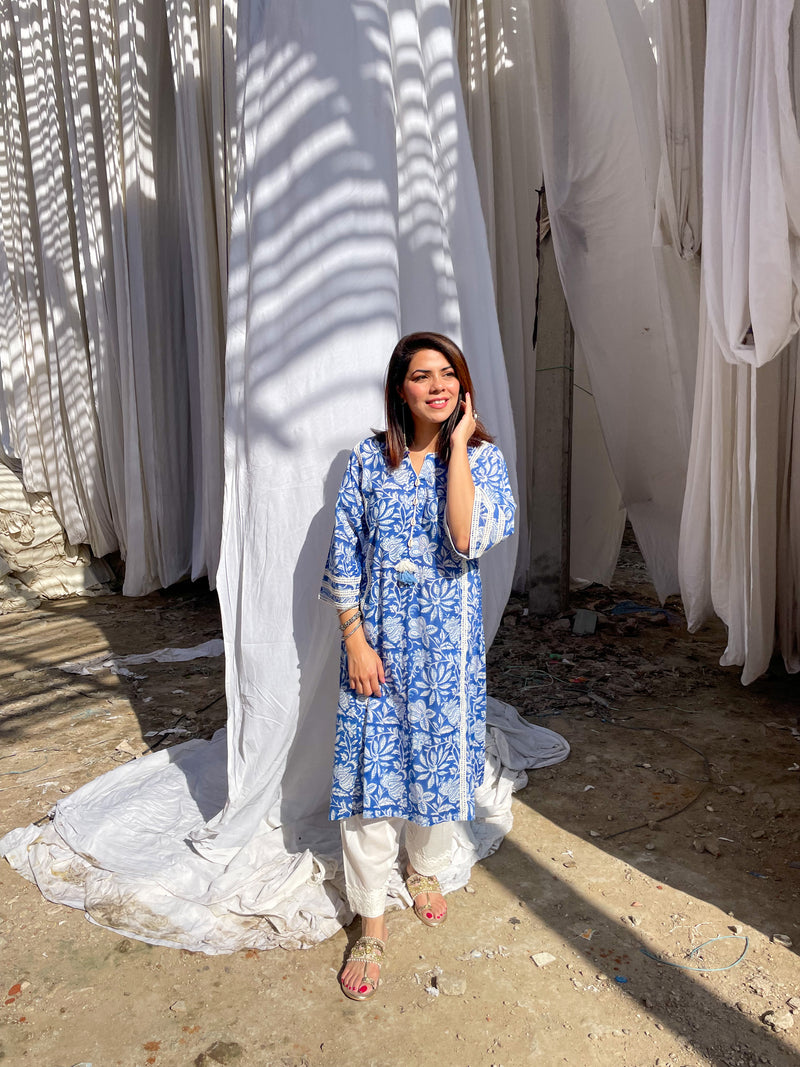 Indigo Handblock Printed Afghani Chogha and Salwar