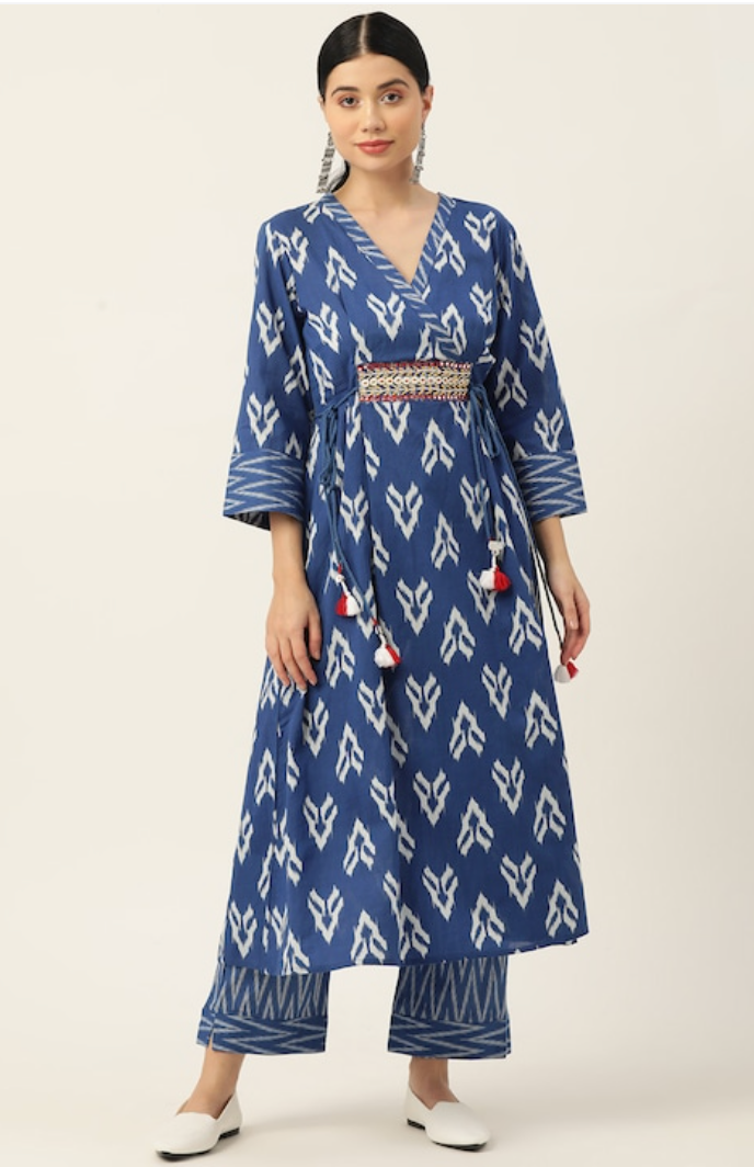 Women Blue Printed Angrakha Beads & Stones Pure Cotton Kurta with Trousers