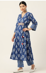 Women Blue Printed Angrakha Beads & Stones Pure Cotton Kurta with Trousers