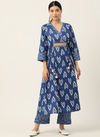 Women Blue Printed Angrakha Beads & Stones Pure Cotton Kurta with Trousers