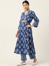 Women Blue Printed Angrakha Beads & Stones Pure Cotton Kurta with Trousers